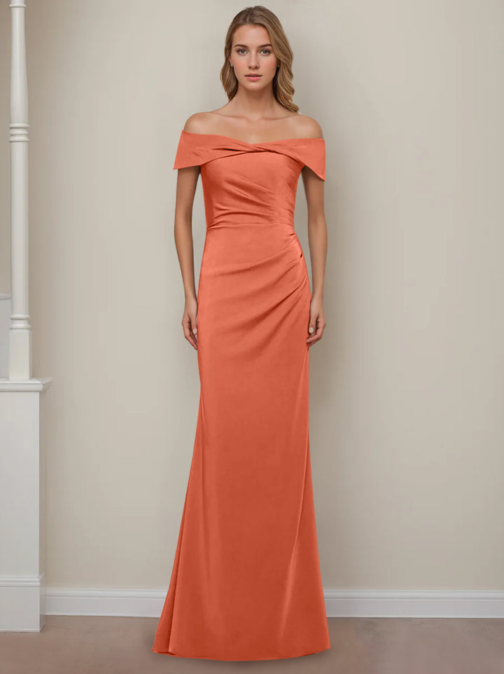Robe de Mère de la Mariée Fourreau/Colonne à Épaules Dénudées et Manches Courtes, Longueur Au Sol, avec Volants
