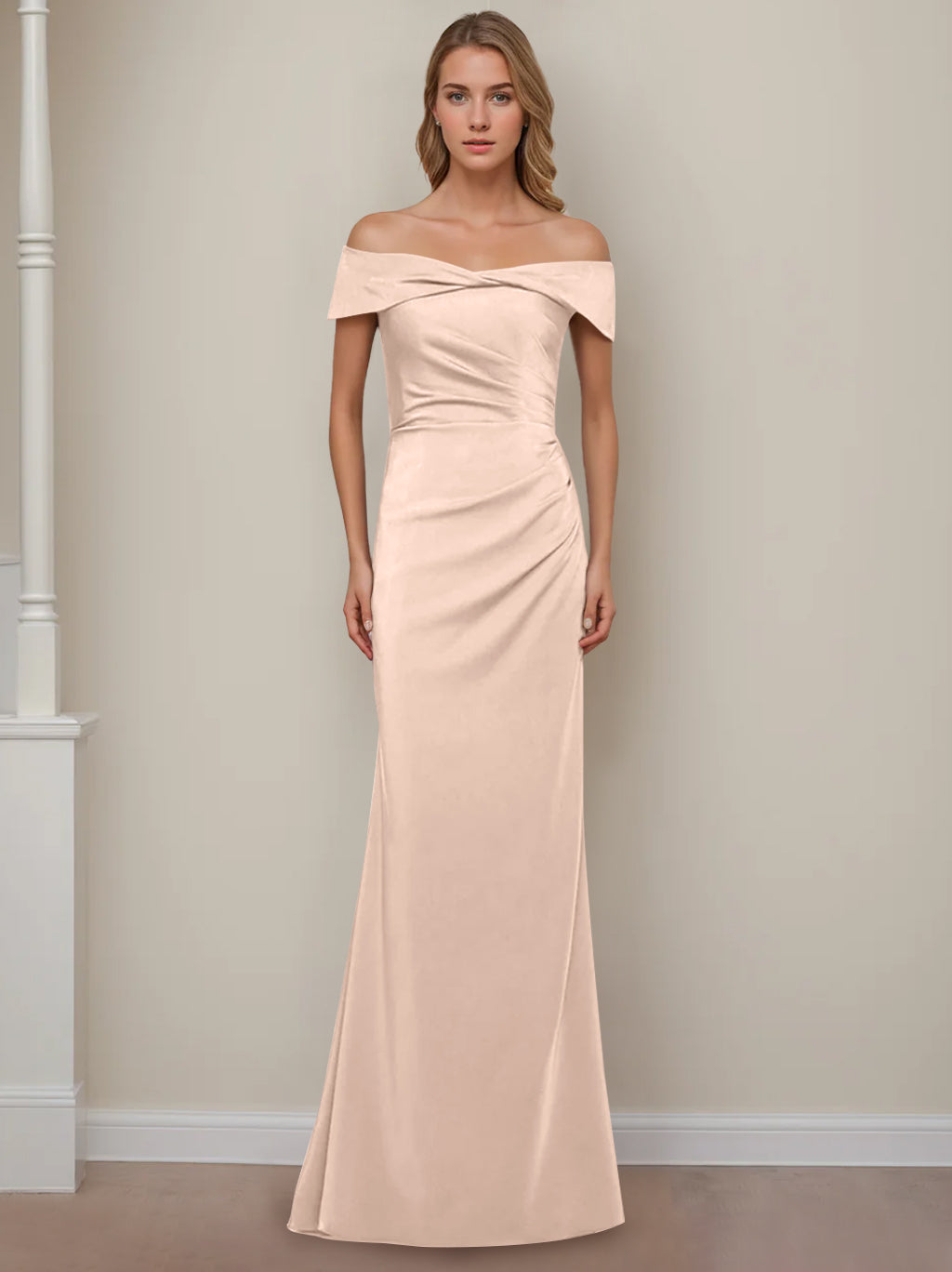 Robe de Mère de la Mariée Fourreau/Colonne à Épaules Dénudées et Manches Courtes, Longueur Au Sol, avec Volants