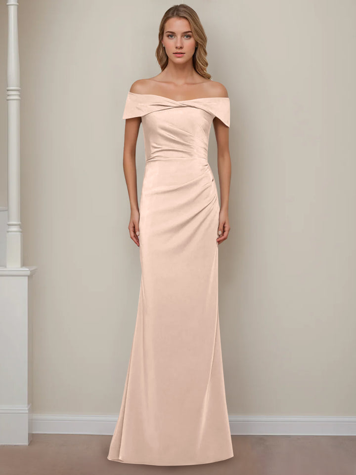 Robe de Mère de la Mariée Fourreau/Colonne à Épaules Dénudées et Manches Courtes, Longueur Au Sol, avec Volants