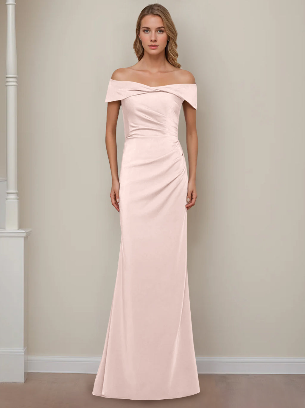 Robe de Mère de la Mariée Fourreau/Colonne à Épaules Dénudées et Manches Courtes, Longueur Au Sol, avec Volants