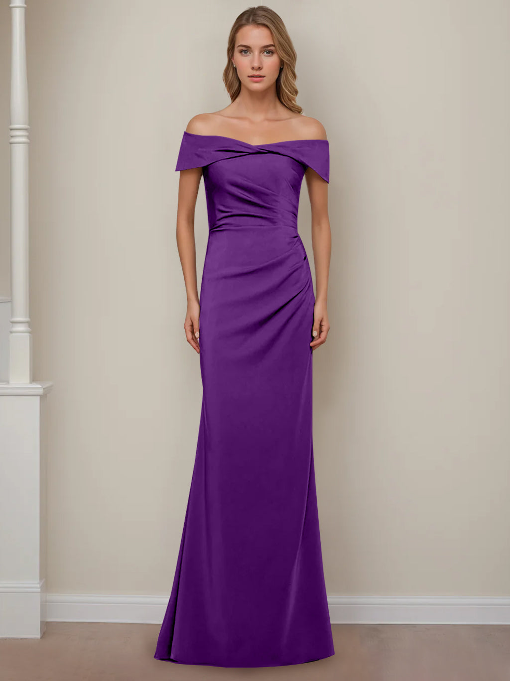 Robe de Mère de la Mariée Fourreau/Colonne à Épaules Dénudées et Manches Courtes, Longueur Au Sol, avec Volants