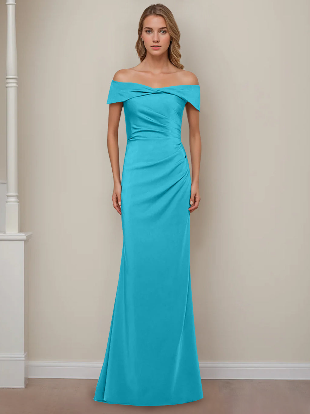Robe de Mère de la Mariée Fourreau/Colonne à Épaules Dénudées et Manches Courtes, Longueur Au Sol, avec Volants