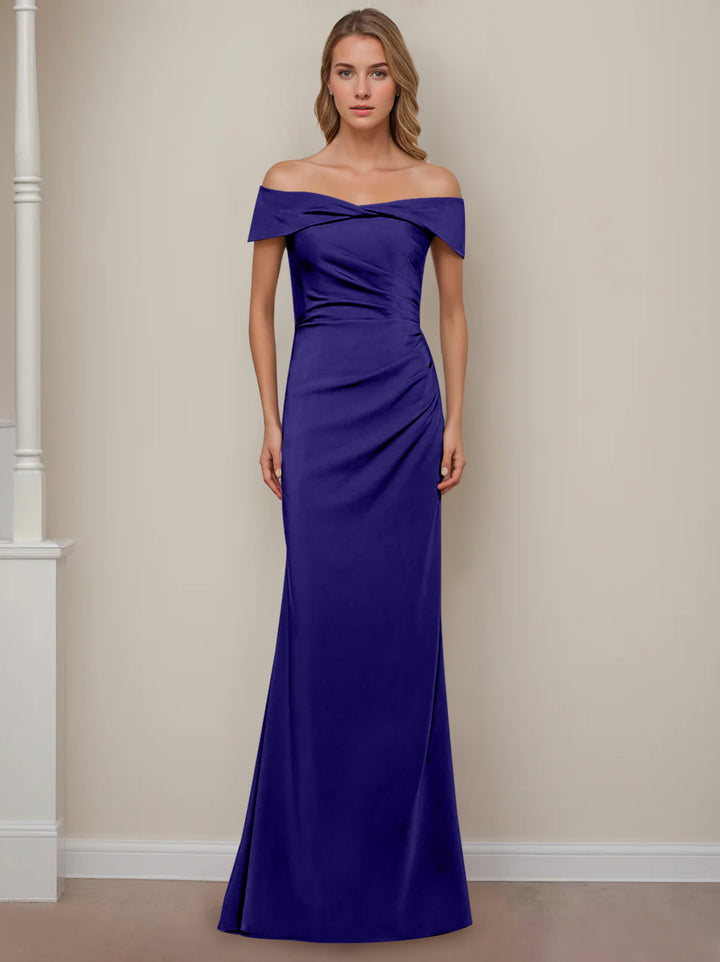 Robe de Mère de la Mariée Fourreau/Colonne à Épaules Dénudées et Manches Courtes, Longueur Au Sol, avec Volants