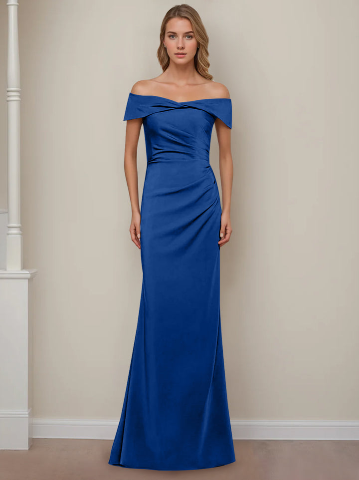 Robe de Mère de la Mariée Fourreau/Colonne à Épaules Dénudées et Manches Courtes, Longueur Au Sol, avec Volants