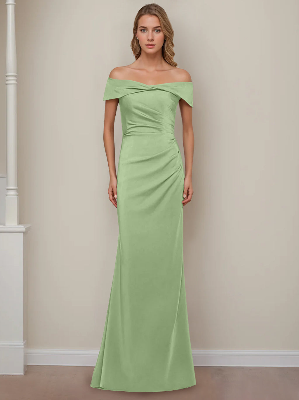 Robe de Mère de la Mariée Fourreau/Colonne à Épaules Dénudées et Manches Courtes, Longueur Au Sol, avec Volants