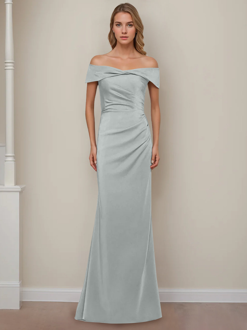 Robe de Mère de la Mariée Fourreau/Colonne à Épaules Dénudées et Manches Courtes, Longueur Au Sol, avec Volants