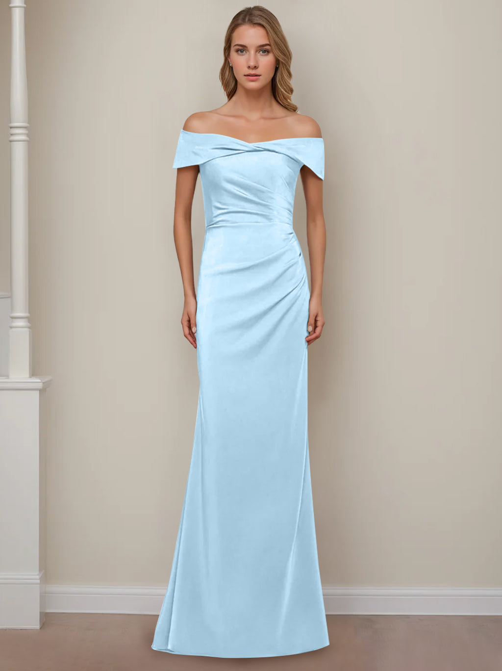 Robe de Mère de la Mariée Fourreau/Colonne à Épaules Dénudées et Manches Courtes, Longueur Au Sol, avec Volants