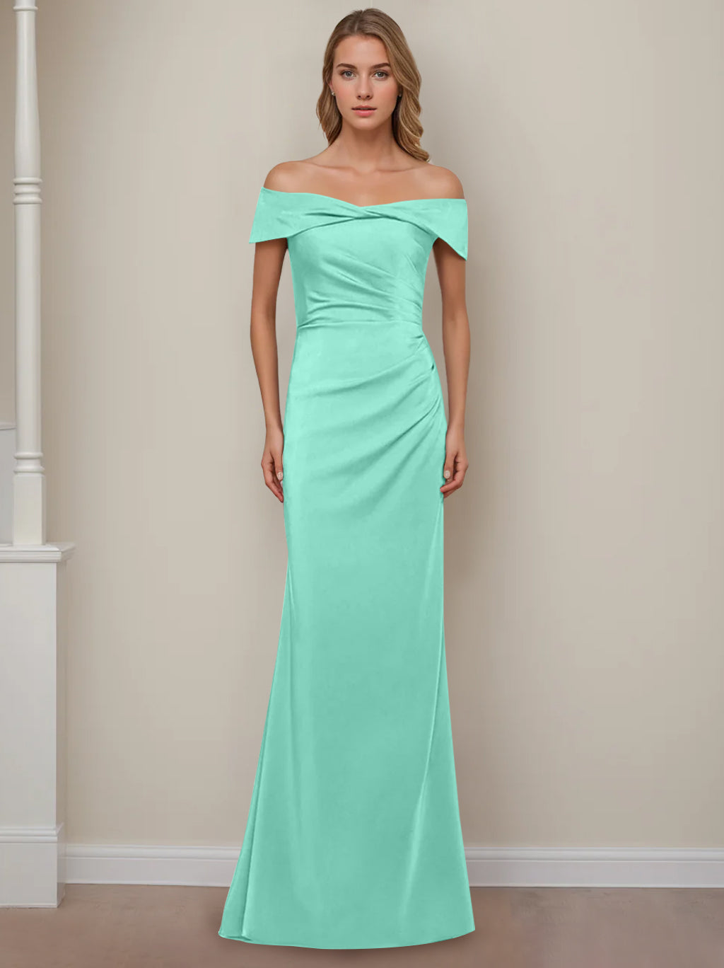 Robe de Mère de la Mariée Fourreau/Colonne à Épaules Dénudées et Manches Courtes, Longueur Au Sol, avec Volants