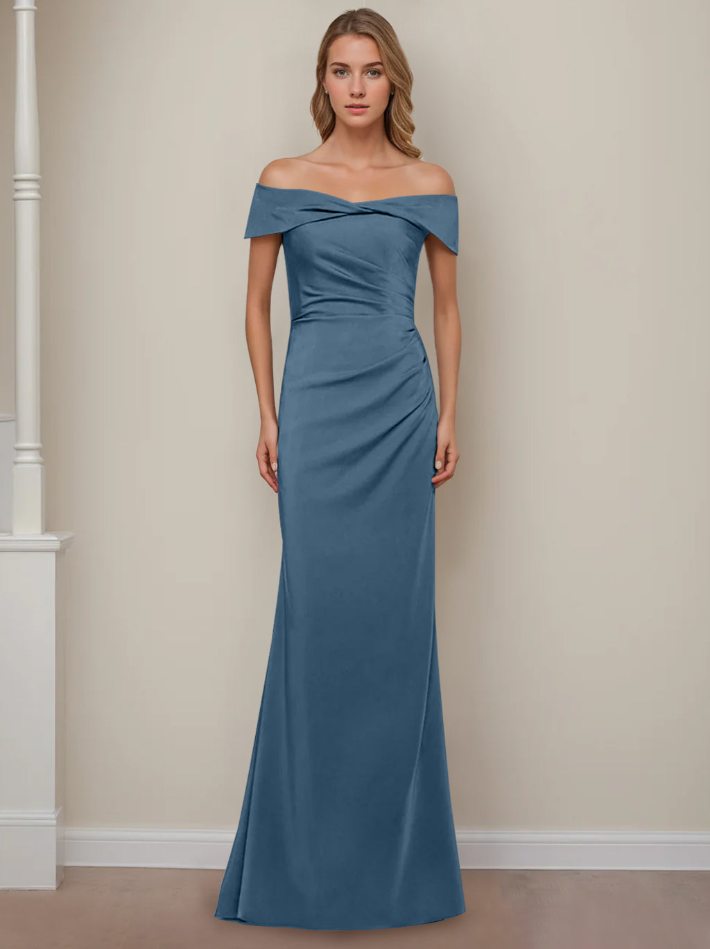 Robe de Mère de la Mariée Fourreau/Colonne à Épaules Dénudées et Manches Courtes, Longueur Au Sol, avec Volants