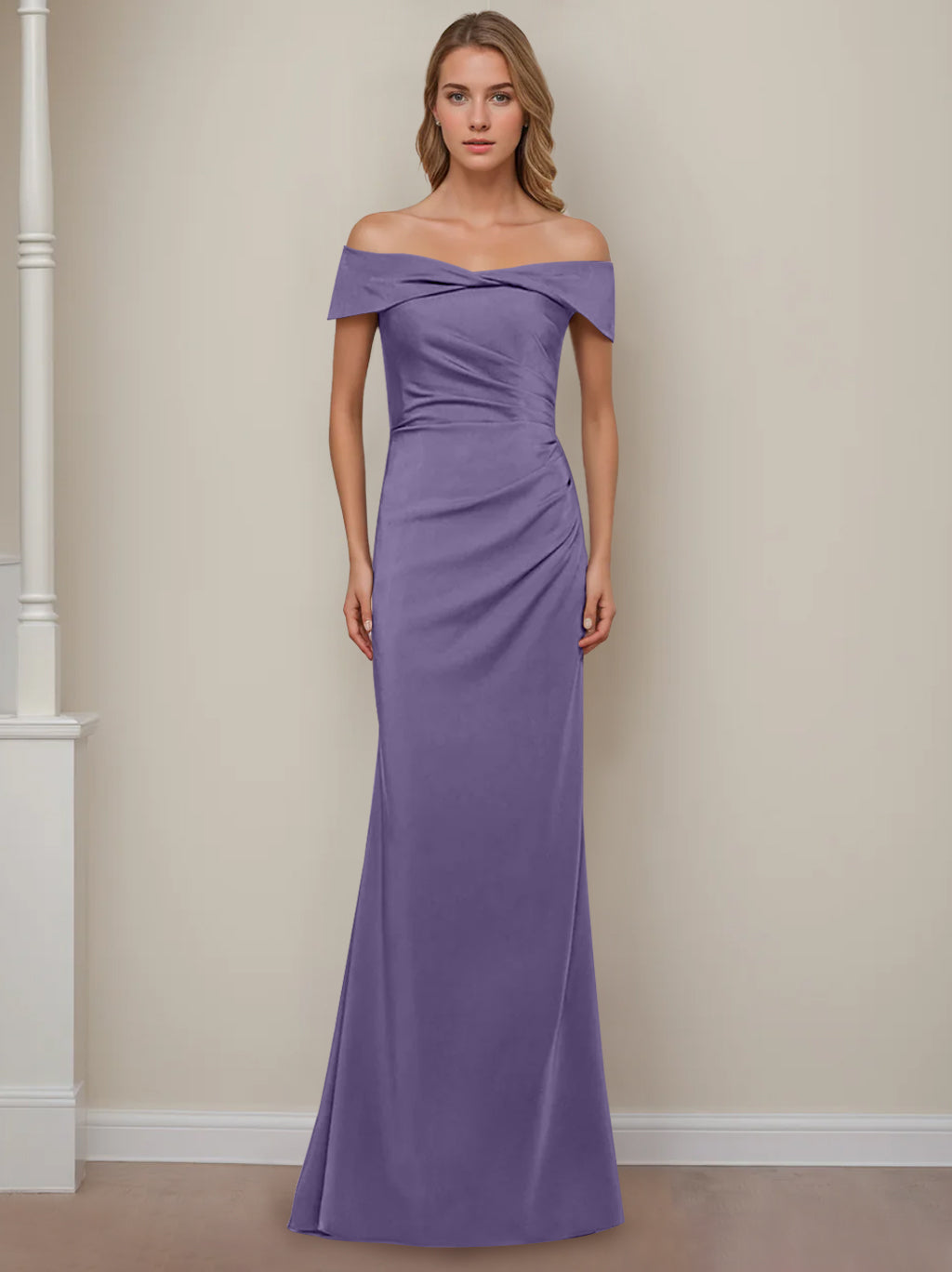 Robe de Mère de la Mariée Fourreau/Colonne à Épaules Dénudées et Manches Courtes, Longueur Au Sol, avec Volants