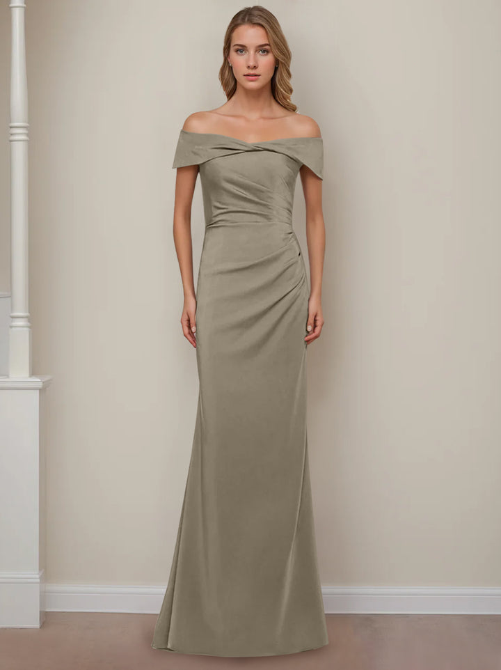 Robe de Mère de la Mariée Fourreau/Colonne à Épaules Dénudées et Manches Courtes, Longueur Au Sol, avec Volants