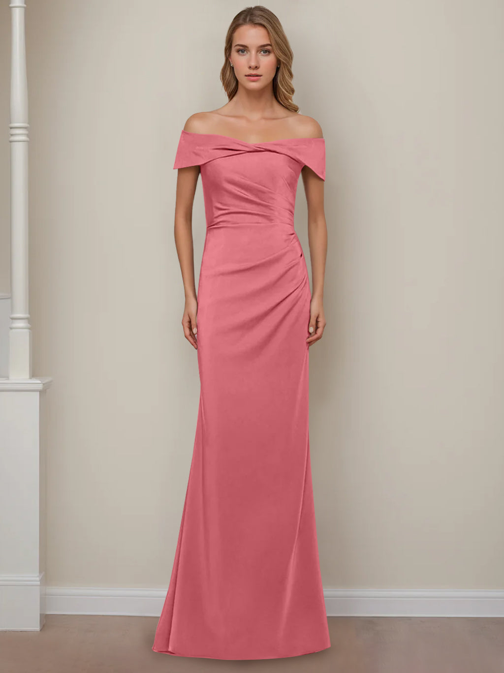 Robe de Mère de la Mariée Fourreau/Colonne à Épaules Dénudées et Manches Courtes, Longueur Au Sol, avec Volants