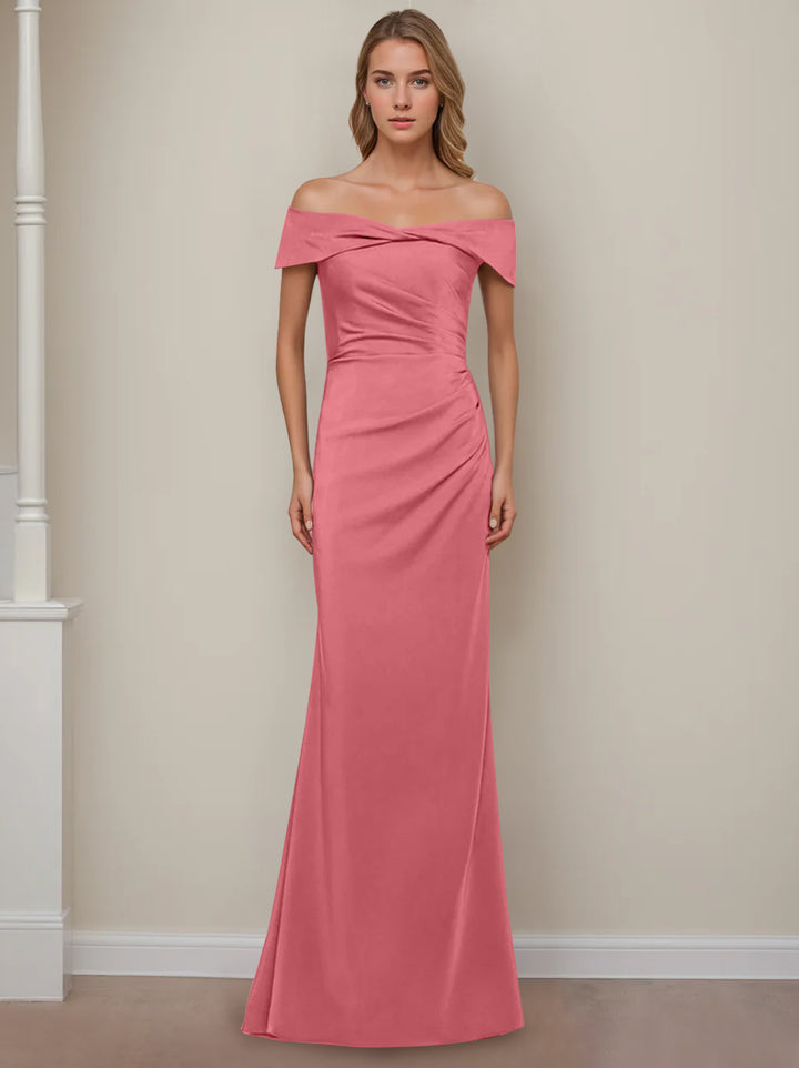 Robe de Mère de la Mariée Fourreau/Colonne à Épaules Dénudées et Manches Courtes, Longueur Au Sol, avec Volants