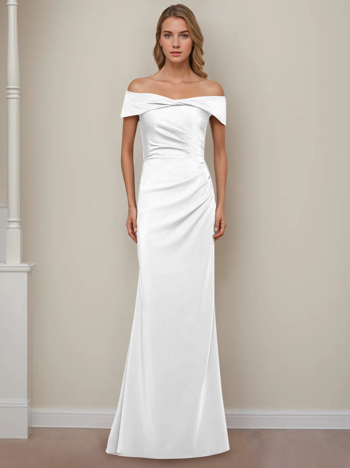 Robe de Mère de la Mariée Fourreau/Colonne à Épaules Dénudées et Manches Courtes, Longueur Au Sol, avec Volants