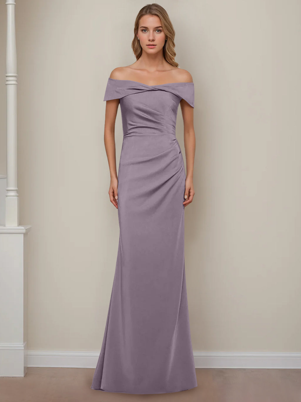 Robe de Mère de la Mariée Fourreau/Colonne à Épaules Dénudées et Manches Courtes, Longueur Au Sol, avec Volants