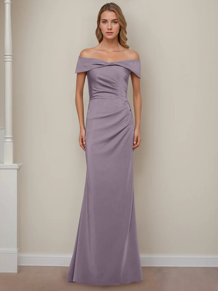 Robe de Mère de la Mariée Fourreau/Colonne à Épaules Dénudées et Manches Courtes, Longueur Au Sol, avec Volants