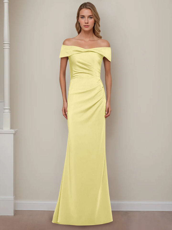 Robe de Mère de la Mariée Fourreau/Colonne à Épaules Dénudées et Manches Courtes, Longueur Au Sol, avec Volants