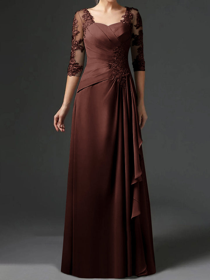 Robe de Mère de la Mariée Coupe A-Line/Princess à Col Carré et Manches Mi-Longues avec Fronces