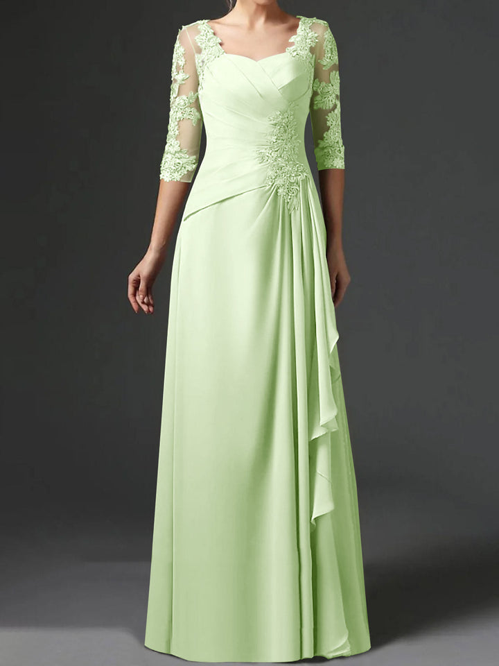 Robe de Mère de la Mariée Coupe A-Line/Princess à Col Carré et Manches Mi-Longues avec Fronces