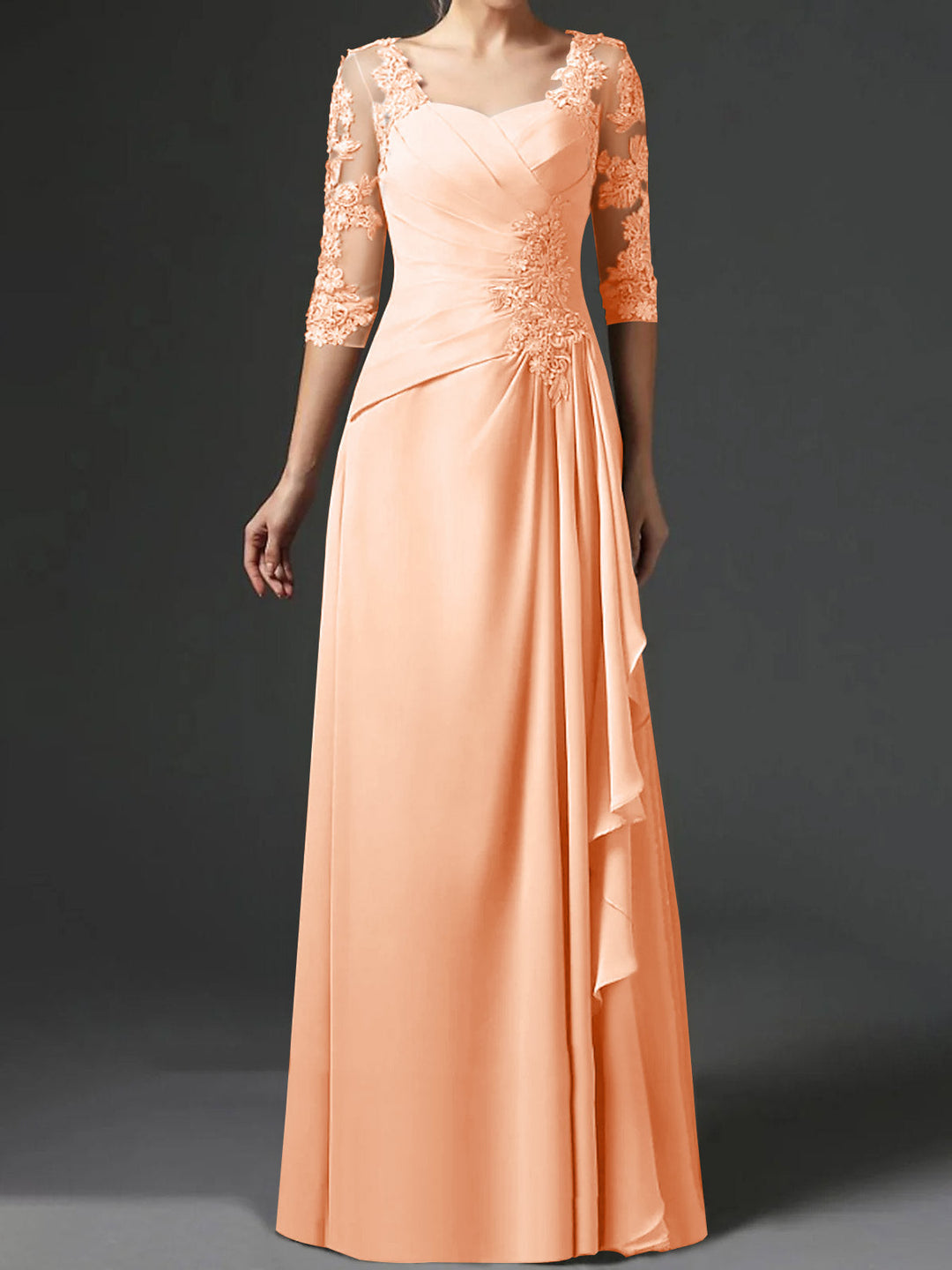 Robe de Mère de la Mariée Coupe A-Line/Princess à Col Carré et Manches Mi-Longues avec Fronces