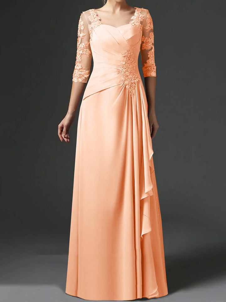 Robe de Mère de la Mariée Coupe A-Line/Princess à Col Carré et Manches Mi-Longues avec Fronces