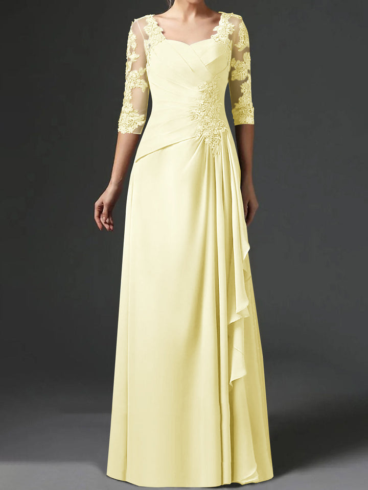 Robe de Mère de la Mariée Coupe A-Line/Princess à Col Carré et Manches Mi-Longues avec Fronces