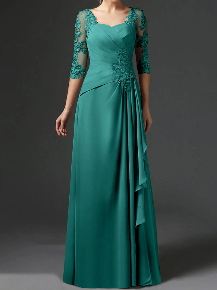 Robe de Mère de la Mariée Coupe A-Line/Princess à Col Carré et Manches Mi-Longues avec Fronces