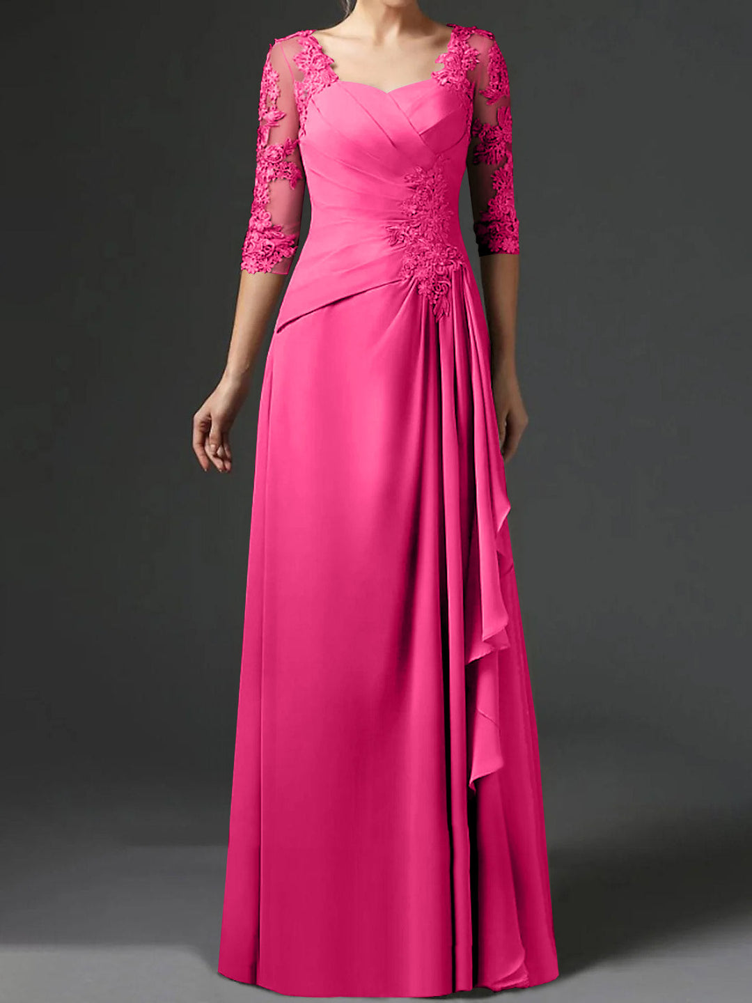 Robe de Mère de la Mariée Coupe A-Line/Princess à Col Carré et Manches Mi-Longues avec Fronces