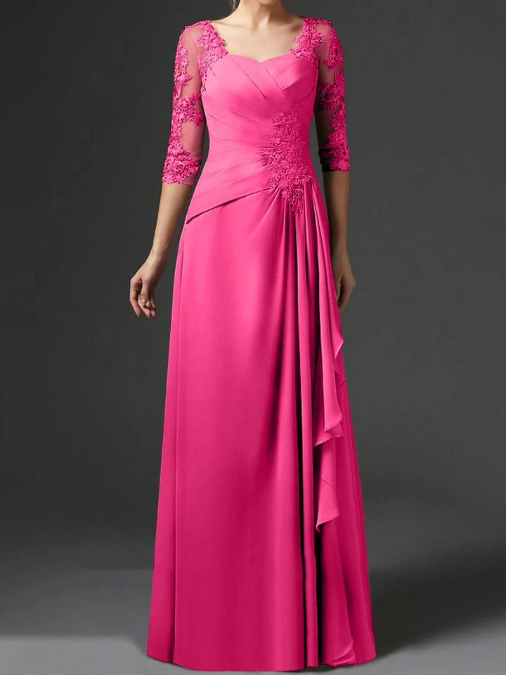Robe de Mère de la Mariée Coupe A-Line/Princess à Col Carré et Manches Mi-Longues avec Fronces