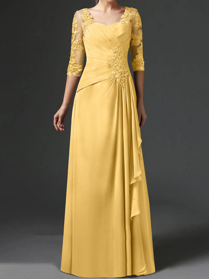 Robe de Mère de la Mariée Coupe A-Line/Princess à Col Carré et Manches Mi-Longues avec Fronces