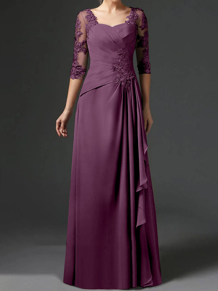 Robe de Mère de la Mariée Coupe A-Line/Princess à Col Carré et Manches Mi-Longues avec Fronces