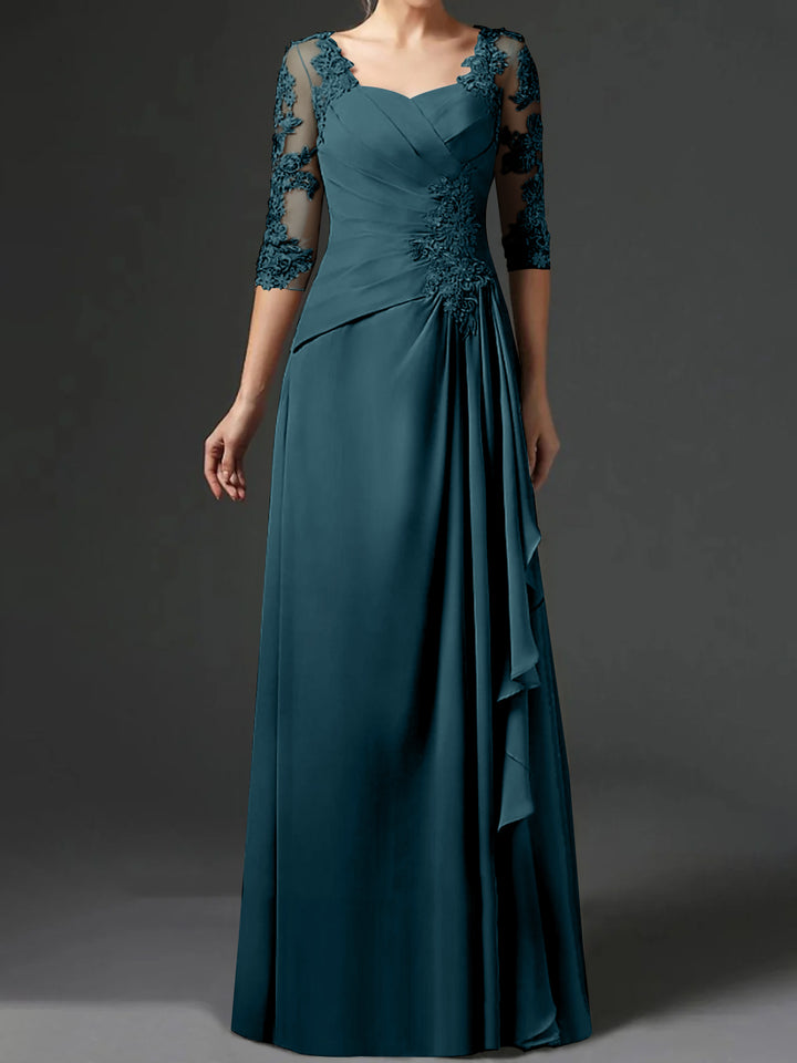 Robe de Mère de la Mariée Coupe A-Line/Princess à Col Carré et Manches Mi-Longues avec Fronces