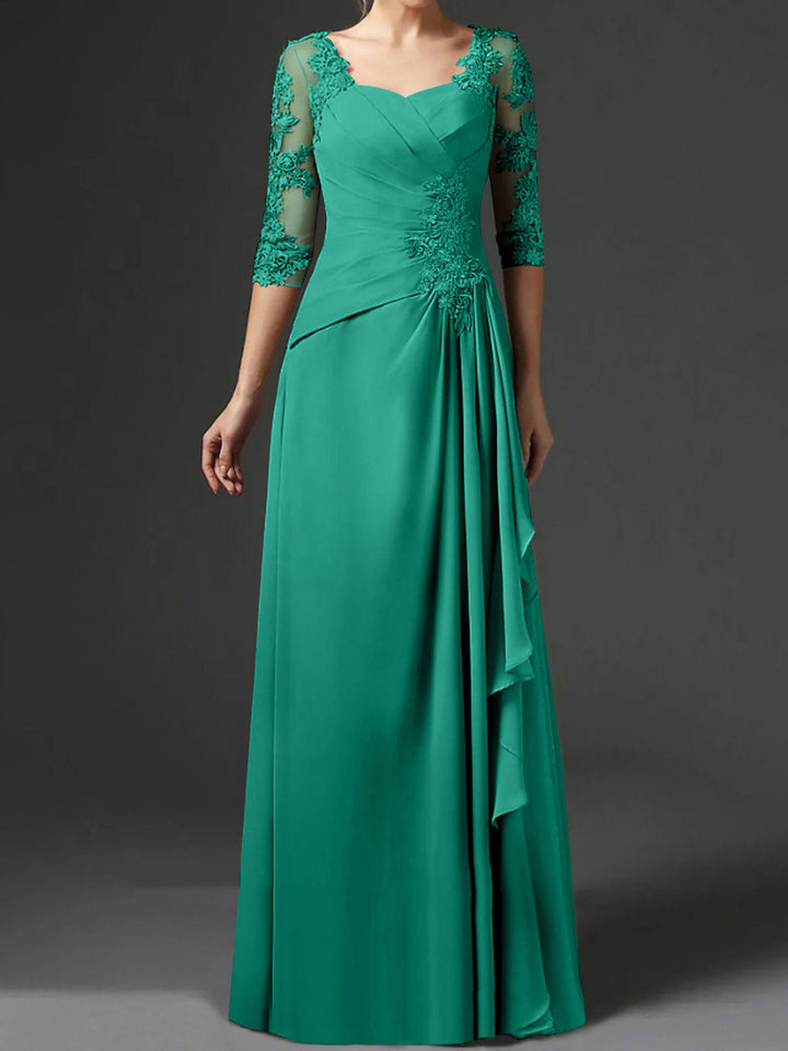 Robe de Mère de la Mariée Coupe A-Line/Princess à Col Carré et Manches Mi-Longues avec Fronces