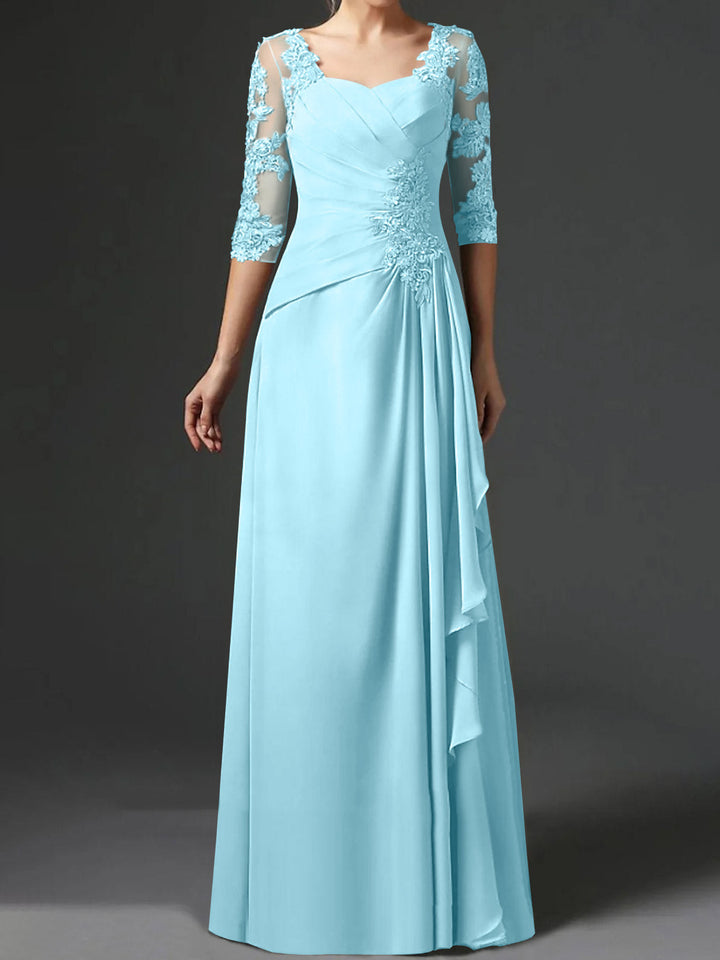 Robe de Mère de la Mariée Coupe A-Line/Princess à Col Carré et Manches Mi-Longues avec Fronces