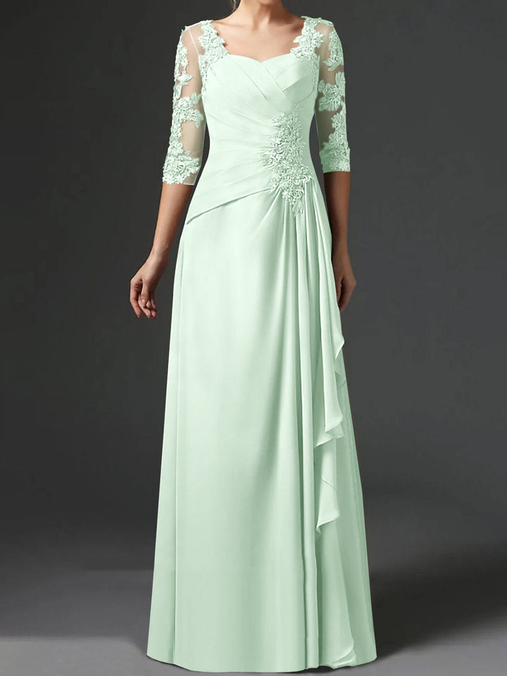 Robe de Mère de la Mariée Coupe A-Line/Princess à Col Carré et Manches Mi-Longues avec Fronces