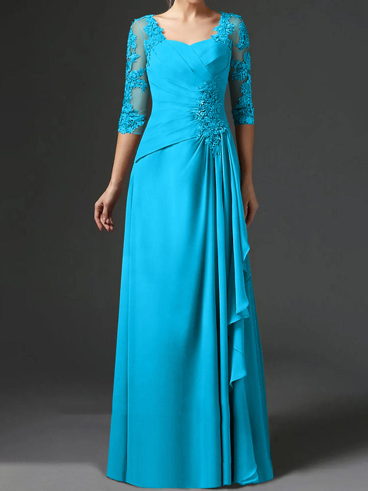 Robe de Mère de la Mariée Coupe A-Line/Princess à Col Carré et Manches Mi-Longues avec Fronces