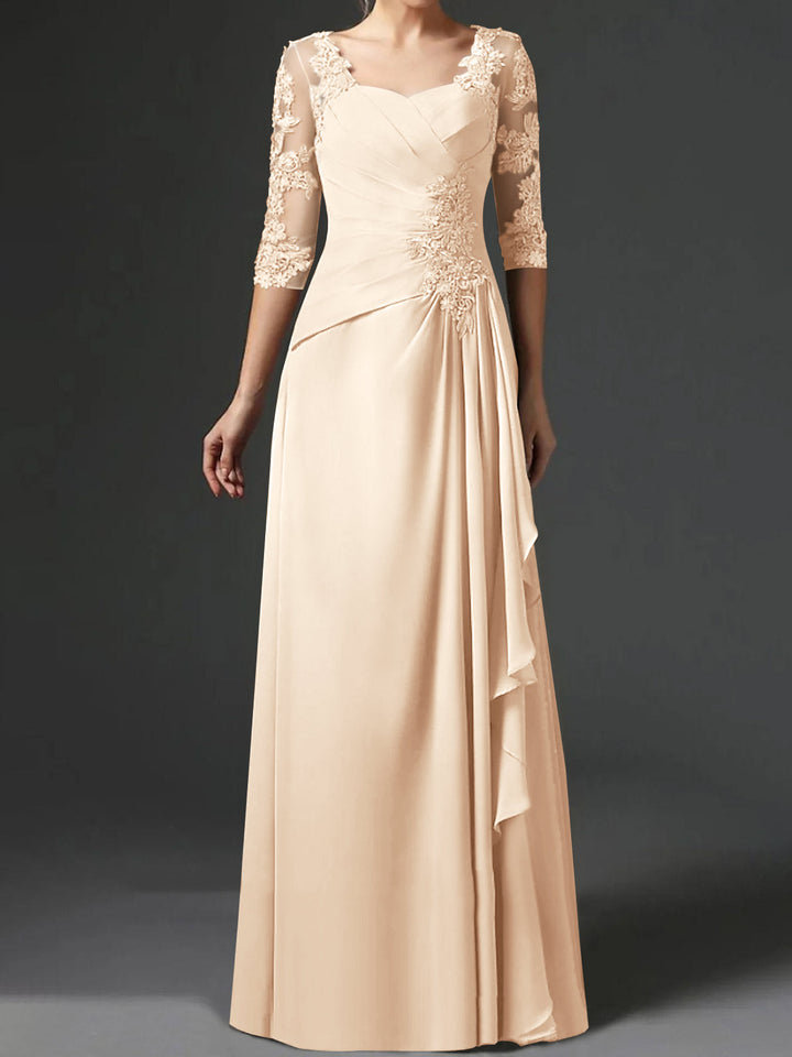 Robe de Mère de la Mariée Coupe A-Line/Princess à Col Carré et Manches Mi-Longues avec Fronces