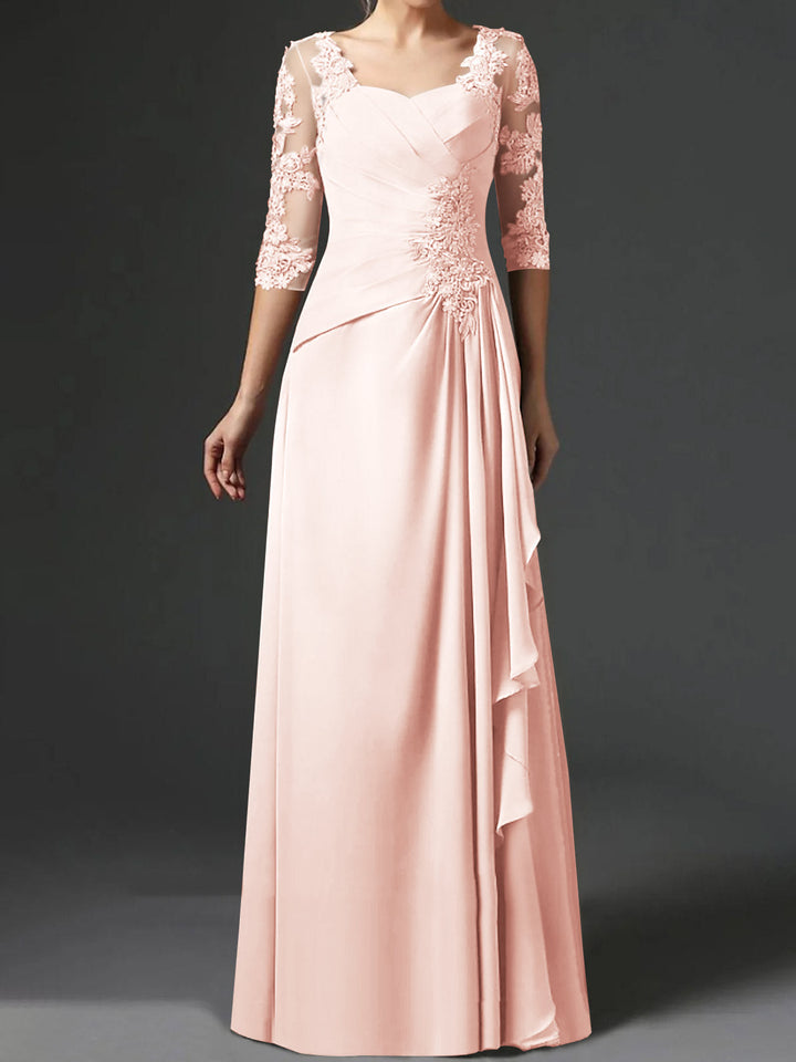 Robe de Mère de la Mariée Coupe A-Line/Princess à Col Carré et Manches Mi-Longues avec Fronces