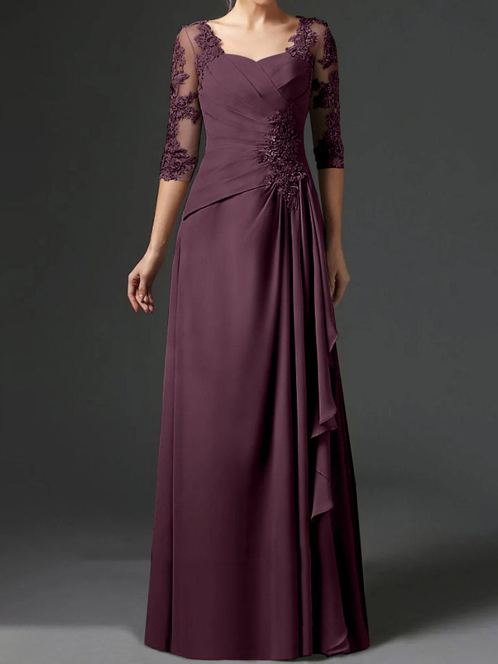 Robe de Mère de la Mariée Coupe A-Line/Princess à Col Carré et Manches Mi-Longues avec Fronces