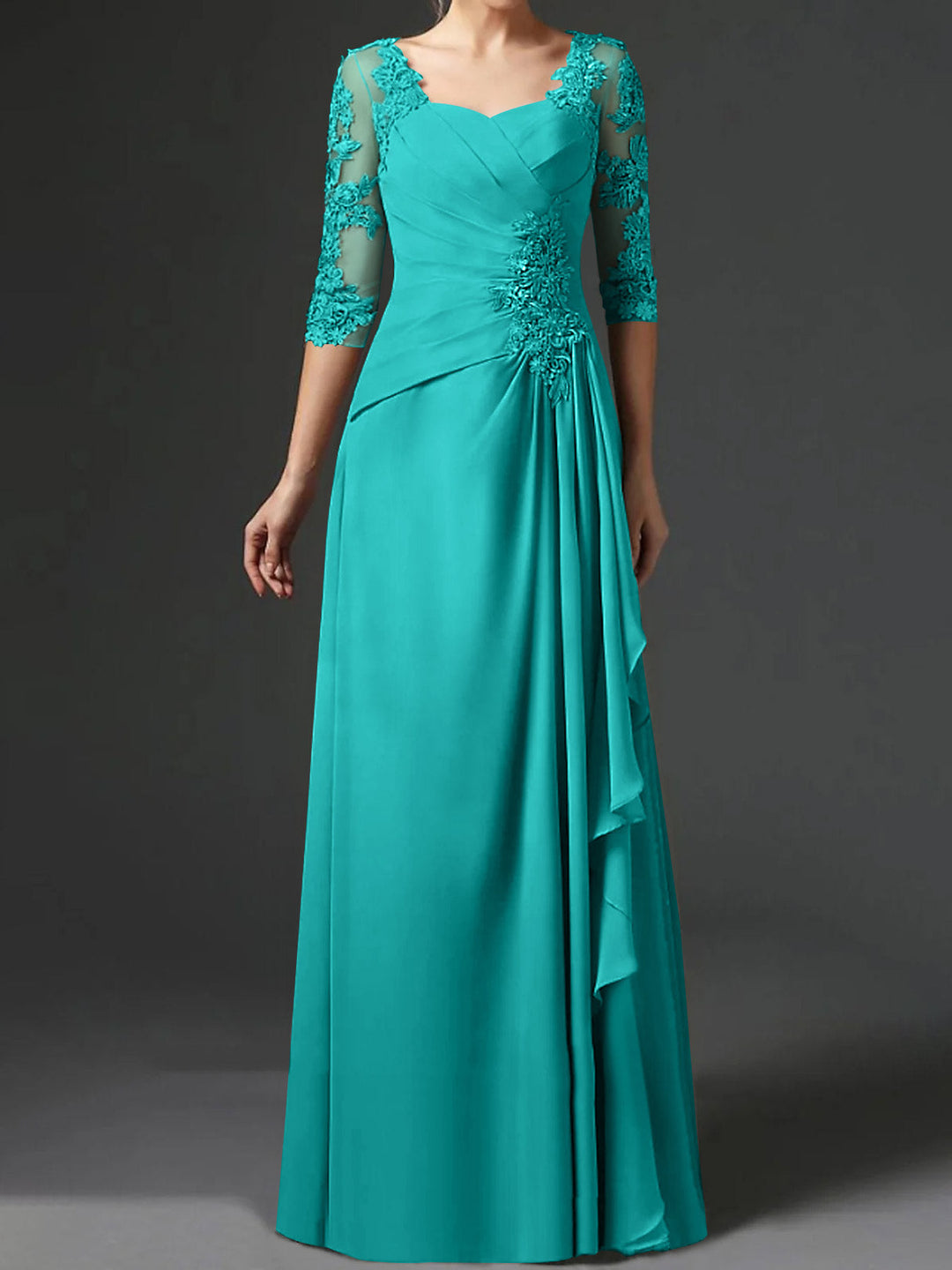 Robe de Mère de la Mariée Coupe A-Line/Princess à Col Carré et Manches Mi-Longues avec Fronces