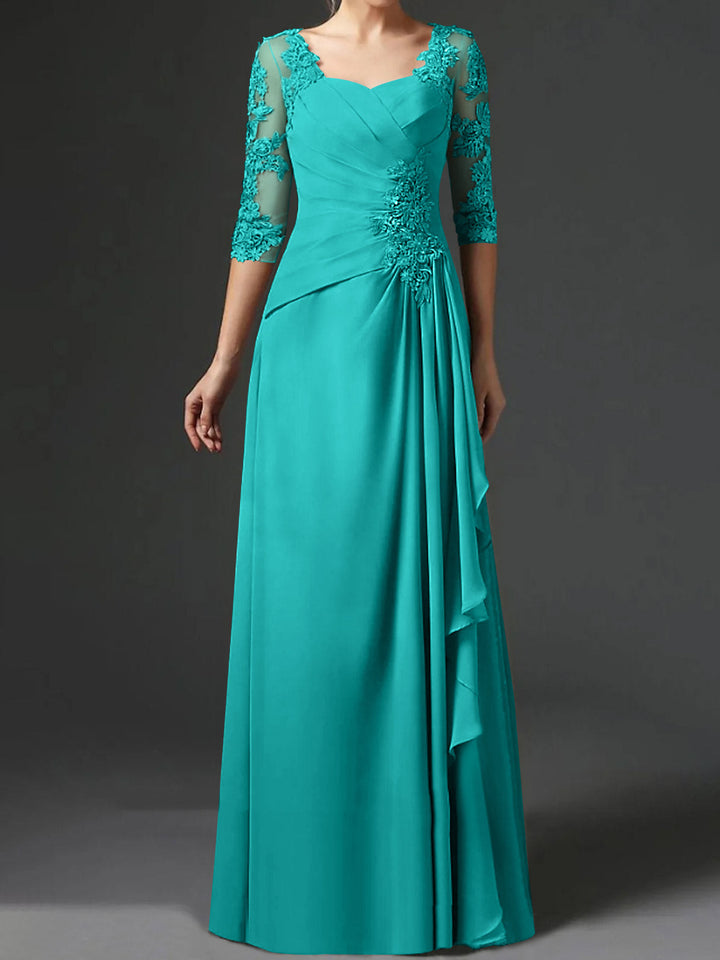 Robe de Mère de la Mariée Coupe A-Line/Princess à Col Carré et Manches Mi-Longues avec Fronces