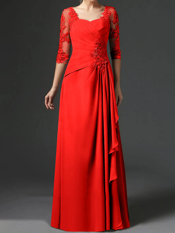 Robe de Mère de la Mariée Coupe A-Line/Princess à Col Carré et Manches Mi-Longues avec Fronces