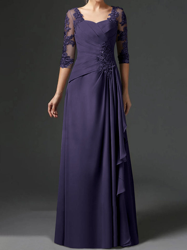 Robe de Mère de la Mariée Coupe A-Line/Princess à Col Carré et Manches Mi-Longues avec Fronces