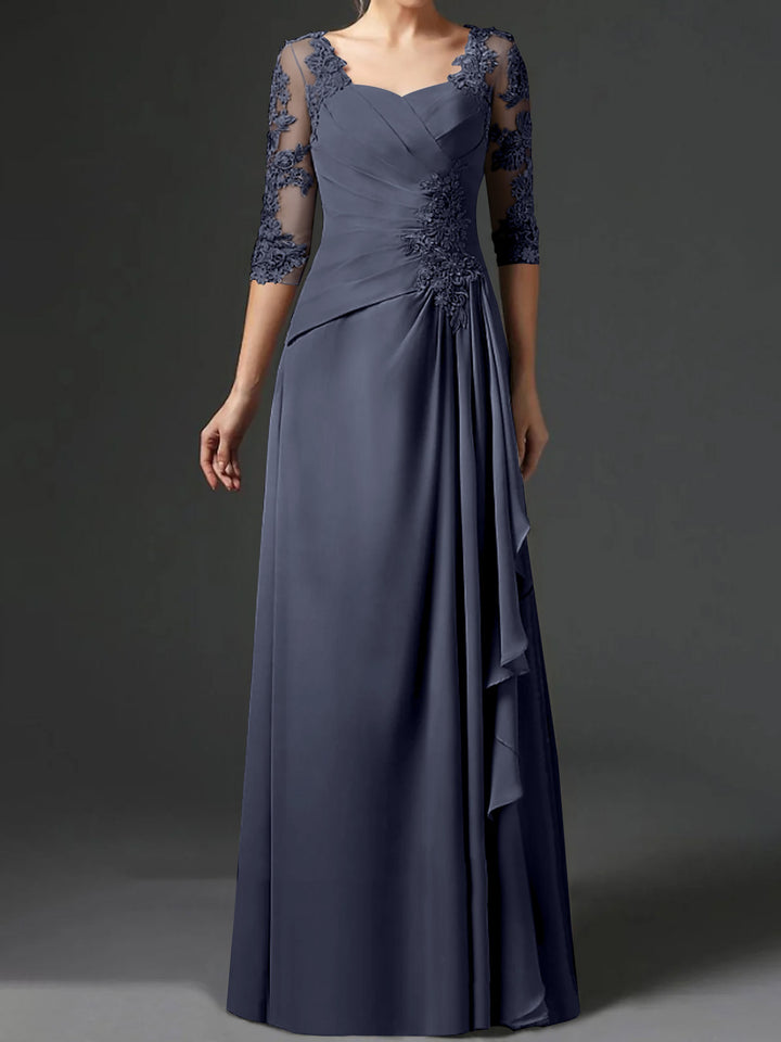 Robe de Mère de la Mariée Coupe A-Line/Princess à Col Carré et Manches Mi-Longues avec Fronces