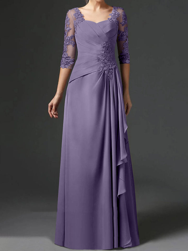 Robe de Mère de la Mariée Coupe A-Line/Princess à Col Carré et Manches Mi-Longues avec Fronces