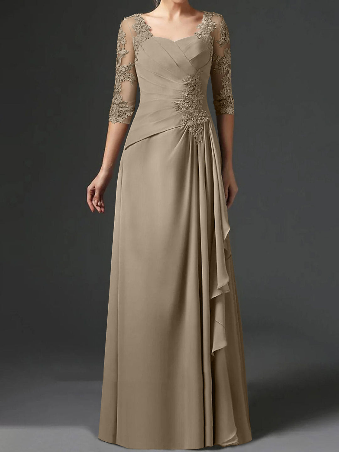 Robe de Mère de la Mariée Coupe A-Line/Princess à Col Carré et Manches Mi-Longues avec Fronces
