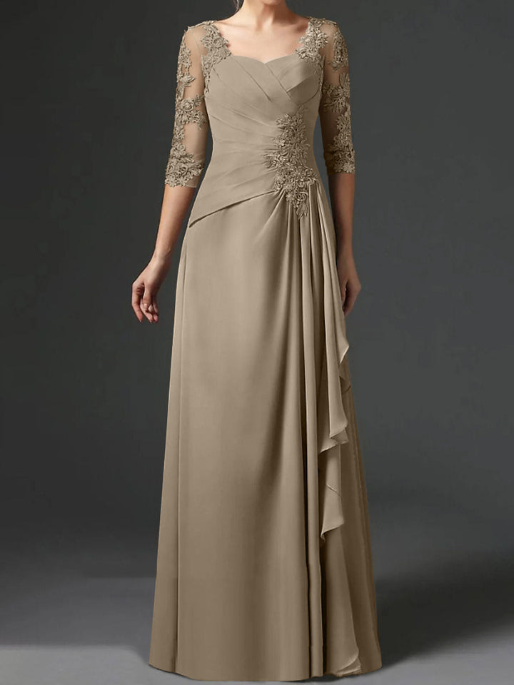 Robe de Mère de la Mariée Coupe A-Line/Princess à Col Carré et Manches Mi-Longues avec Fronces