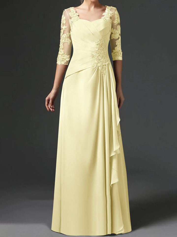 Robe de Mère de la Mariée Coupe A-Line/Princess à Col Carré et Manches Mi-Longues avec Fronces