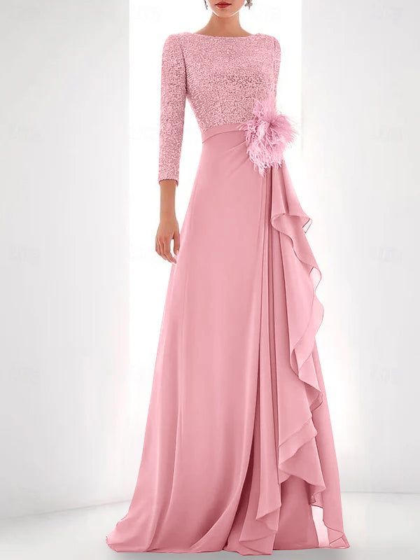 Robe de Mère de la Mariée Asymétrique à Manches Longues et Col Bijou, Coupe A-Line/Princess, avec Paillettes, Plumes et Perles