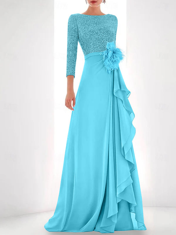 Robe de Mère de la Mariée Asymétrique à Manches Longues et Col Bijou, Coupe A-Line/Princess, avec Paillettes, Plumes et Perles